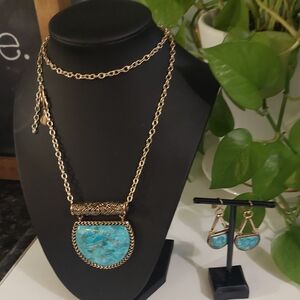 Gold-Tone Turquoise Pendant Necklace and Earring Set